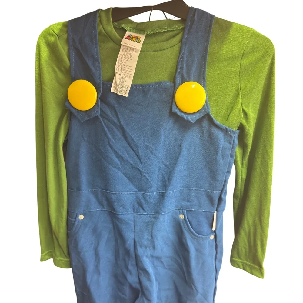 Super Mario Luigi Deluxe Kids Costume Size Medium 7-8‎ Green Blue Jumpsuit Hat